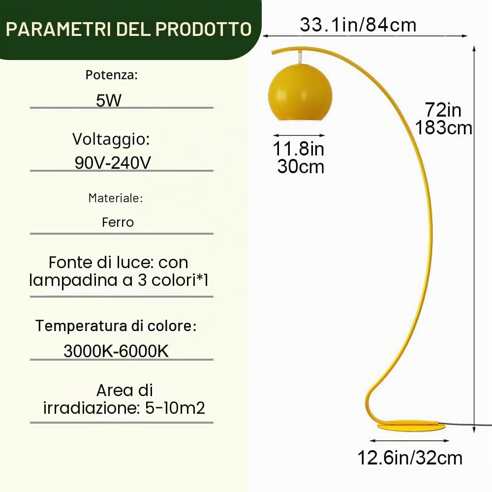 Lampada da terra ad arco nordico Lampada da terra per soggiorno Lampade da terra in ferro nero Lampada alta per camera da letto E27 con lampadina Paralume regolabile Lampada standard moderna