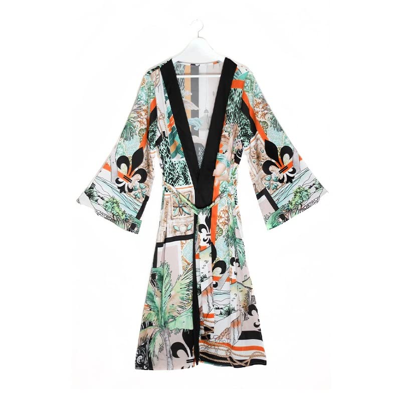 Vestido de kimono plus con cinturón y apertura frontal de diseño largo impreso