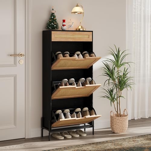 Image of Natural Rattan Shoe Cabinet with 3 Flip Doors and Drawer, Freestanding Shoe Storage Organizer with Adjustable Shelves for Entryway Hallway,Black Oak Color