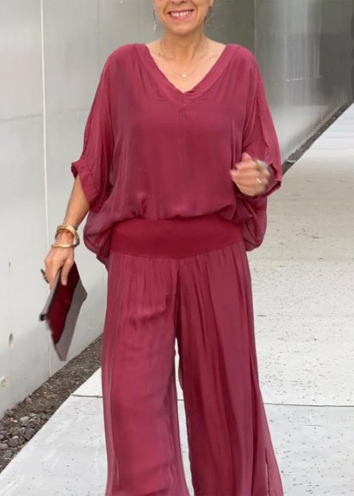 Ensemble Deux pièces en Mousseline de Soie pour Femmes Top et Pantalon Fendu Mode décontractée Ensemble Fluide pour invitées de Mariage