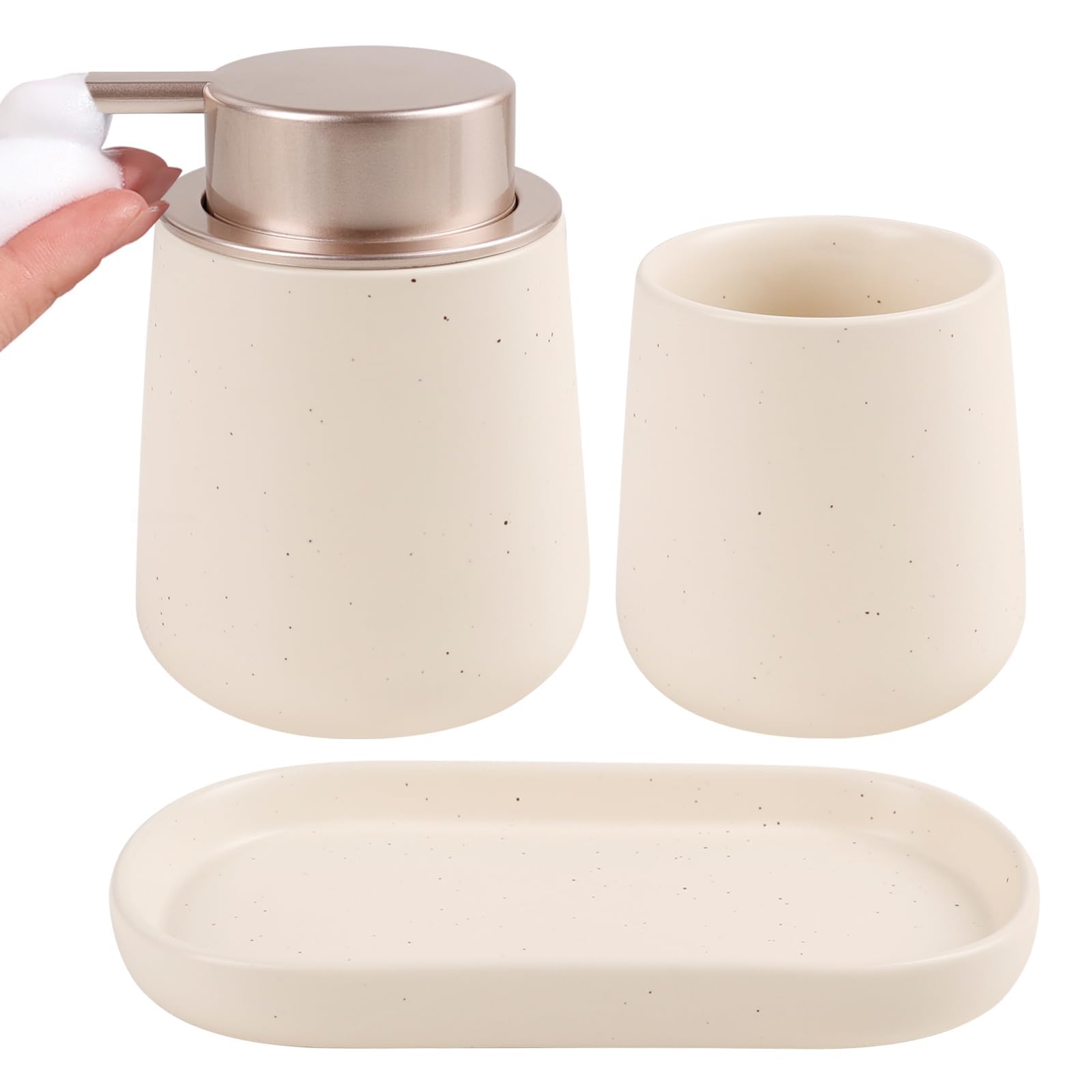 BosilunLife Juego de accesorios de baño de 3 piezas, dispensador de jabón de baño de espuma de cerámica, decoración de baño negra, dispensador de jabón de espuma y soporte para cepillo de dientes/vaso