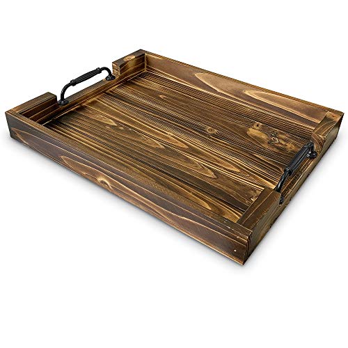 Ottoman Wooden Serving Decorative Large Rustic Tray, Black Sleek Metal Handles. Great for Kitchen, Coffee Table, Dinning Centerpiece, Breakfast in Bed, Bathtub Accessory, Farmhouse Home DÃ©cor (Brown)