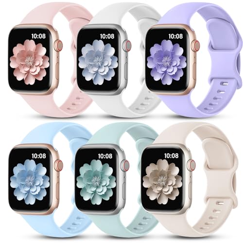 Image of Bands Compatible with Apple Watch Band 40mm 38mm 41mm 42mm 44mm 45mm Women Men, Soft Silicone Sport Wristbands Replacement for iWatch Series 8 7 6 5 4 3 2 1 SE (6 Pack)