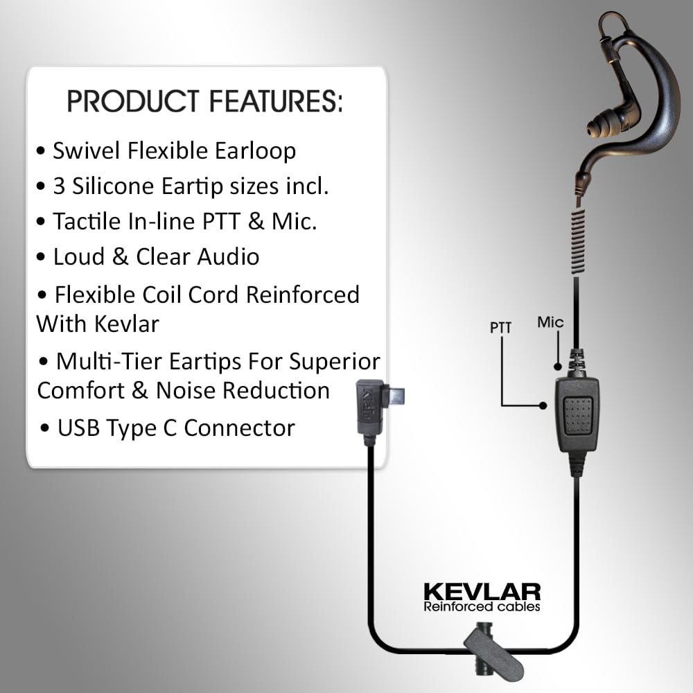 Klein Electronics Single Wire Push to Talk Earpiece with USB C Connector, Smart USB-C No Battery Required, Works w/Android Phones Only PTT Apps Zello, ESChat, TASSTA, Noise Redusing Mic PTT Headset