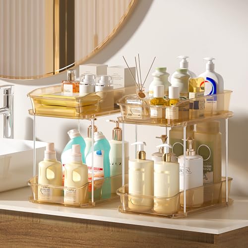 Image of Delamu 2-Tier Under Sink Organizers and Storage, Multi-Purpose Stackable Bathroom Cabinet organizers, Pull Out Kitchen Pantry Organization and Storage with Dividers(2 Pack, Amber)