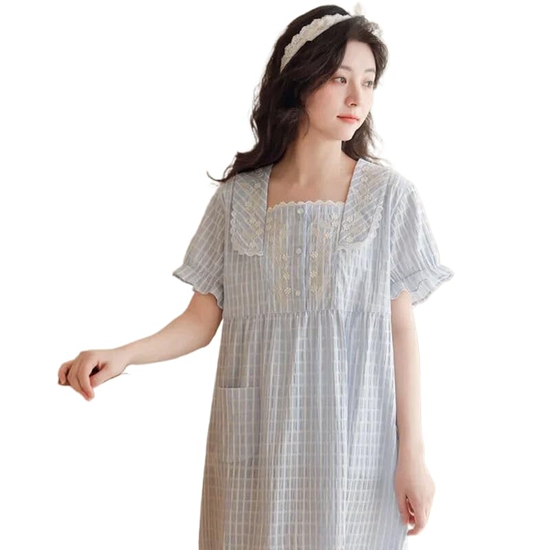 OFFSUM Camisón De Pijama De Mujer - Ropa De Dormir A Cuadros De Algodón Dulce De Verano Bata De Baño De Lencería con Temperamento De Talla Grande con Bordado De Encaje Y Cuello Cuadrado A La Moda