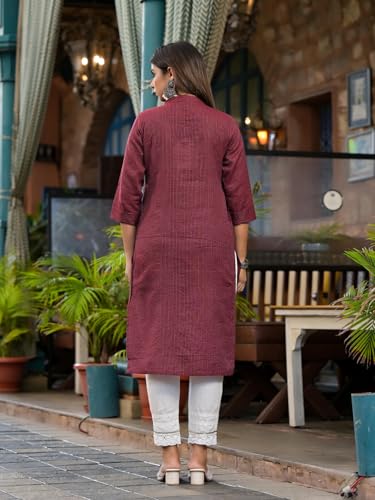 Image of Juniper Bottle Green Striped Printed Cotton Kurta with Button Detail
