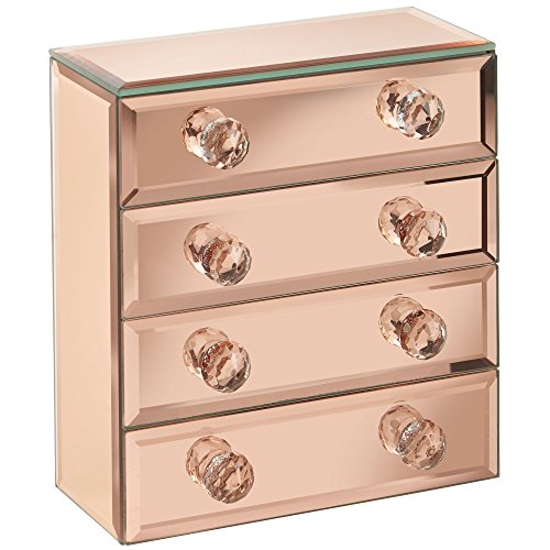 Beautify Mirrored Rose Gold Glass Jewelry Box w/ 4 Drawers, Velvet Lining & Glass Cleaning Cloth (6.4” x 3” x 6.9”)