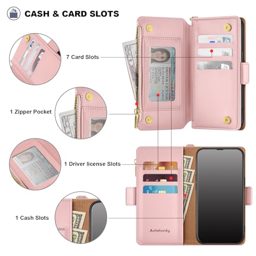 Antsturdy Compatible with iPhone 15 Pro Wallet Case Card Holder【RFID Blocking】 PU Leather Phone Case Women Men Flip Protective Cover Wrist Strap Zipper Credit Card Slots,for Apple 15 Pro 6.1",Pink by Antsturdy - Used condition - Image 4