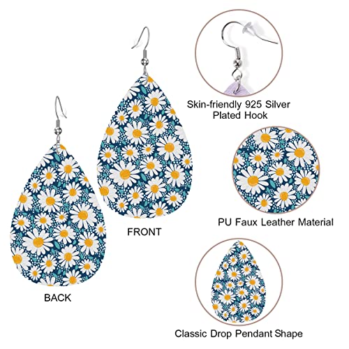 Zokola Chamomile Tear Drop Ear Rings For Women Dangling, Spring White Daisy Flowers Leaves Girls Fashion Faux Leather Earrings Eardrop For Wedding Party Holiday #TOP1