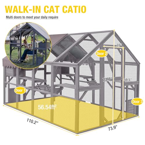 Image of Aivituvin Catio Outdoor Cat Enclosure Large Cat Houses for 8-15 Cats,Kitty House with Resting Box,Bridges,Walks,Waterproof Tarp Roof, 110.2 inch L x 73.9 inch W x 73.7 inch H