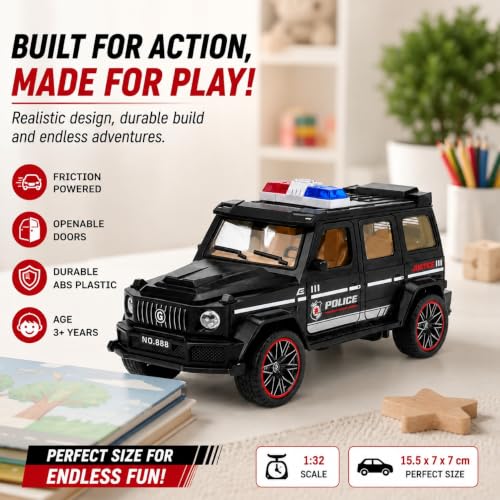 Image of 1:32 Scale G-Wagon Police Toy Car - Friction Powered ABS SUV with Openable Doors - Mini Collectible Police Vehicle for Kids, Boys & Enthusiasts (Black)
