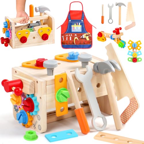 Image of Nuheby Kids Tool Set 2 3 4 Year Old Boy Toys Wooden Toddler Tools Bench with Apron Montessori Toys for 2+ Years Old Educational STEM Construction Toddler Toy Birthday Gifts for Age 2-4 Boys Girls