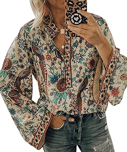 Blusas Mujer Blusa Manga Larga Escote V Mujer Camisas Camisa Estampada Mujer Tallas Grandes Blusa Flores Elegante Señora Talla Grande Blusas de Mujer Elegantes Largas Anchas Modernas Albaricoque XL