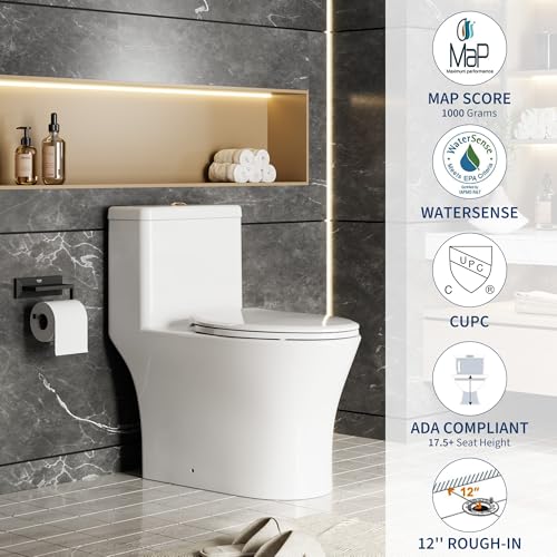 Image of One Piece Toilet with ADA Height, Ceramic Design, Soft Closing PP Toilet Cover, Easy Clean Surface, Water Efficient Flush, Compact Durable Build