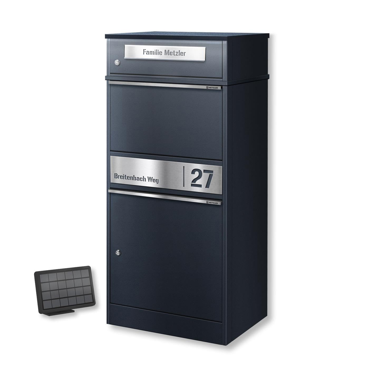 Metzler Briefkasten mit Paketfach – Solarbetriebene LED-Beleuchtung, Gravur, anthrazit (RAL 7016)