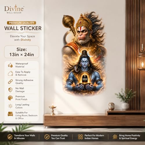 Image of Rangoli Shiv Hanuman Wall Sticker Self-Adhesive 13 x 24 Inch Waterproof Wall Decor for Living Room Bedroom Office Spiritual Shiva Hanuman Wall Decal