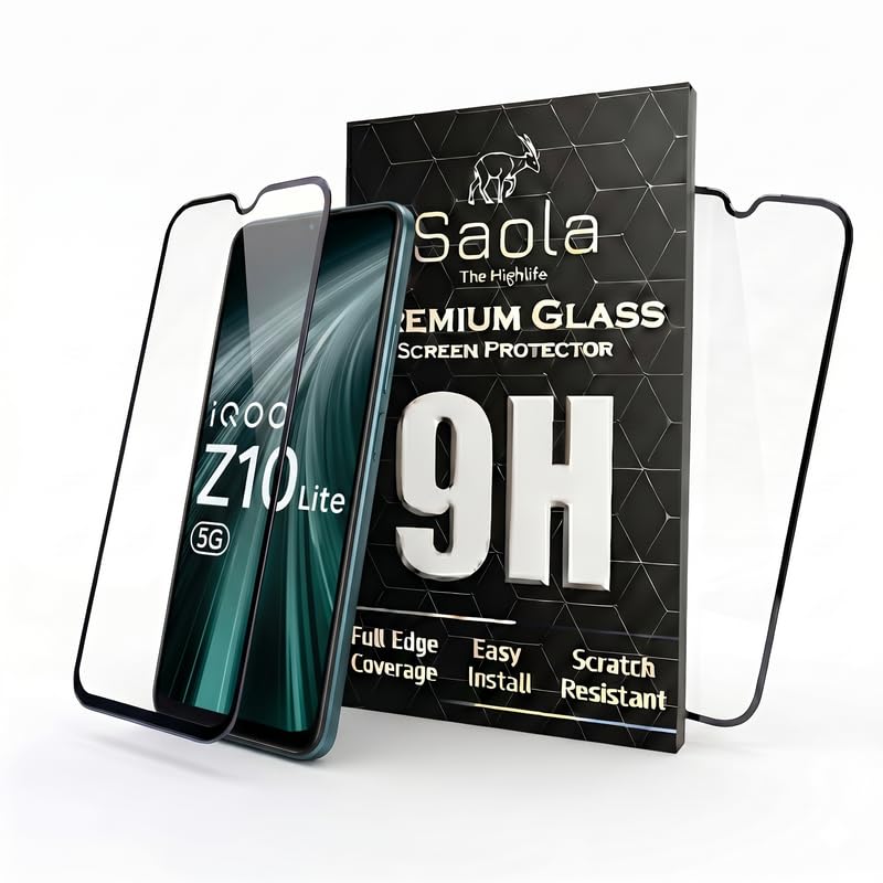 Image of Saola HD Clear Tempered Glass for Vivo IQOO Z10 lite 5G | High Strength 9H Protection, Smooth Touch, Full Coverage Screen Guard, 2-Step Installation Kit | Quick & Easy Application (Pack of 2)