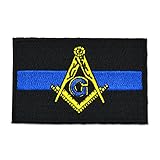 Police Thin Blue Line Square & Compass Embroidered Masonic Patch - [Black, Blue & Gold][3'' Wide]