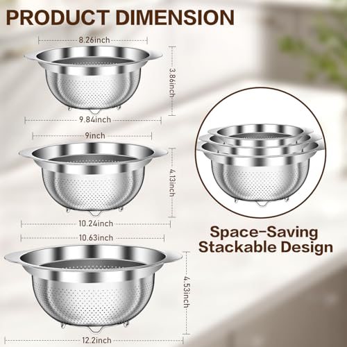 Image of Stainless Steel Colander for Kitchen, Stainless Steel Strainer, Pasta Strainer for Spaghetti Fruit Cooking Food, 3 Pcs Strainers and Colanders(2QT, 3QT, 5QT), Dishwasher Safe, Kitchen Present