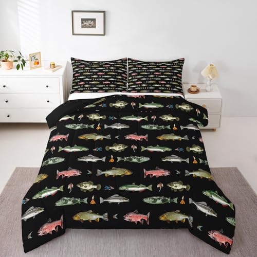Feelyou Pike Fish Bedding Set Bass Big Fish Comforter Set for Kids Boys Girls Teens Room Decor Fishing and Hunting Comforter Twin Size Fisherman Fish Man Duvet Set 2Pcs