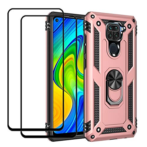 EasyLifeGo for Xiaomi Redmi Note 9 / Redmi 10X 4G Kickstand Case with Screen Protector Tempered Glass [2 Pieces], Hybrid Heavy Duty Armor Dual Layer Anti-Scratch Case Cover, Rose Gold