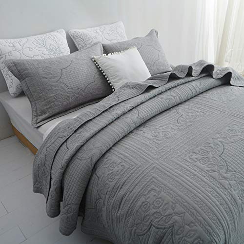 Brandream Luxury Bedding Set Farmhouse Vintage Quilt Set Gray Queen King Size Quilted Bedspread Coverlet Set Cotton(98X106) With Standard Size Shams #TOP1