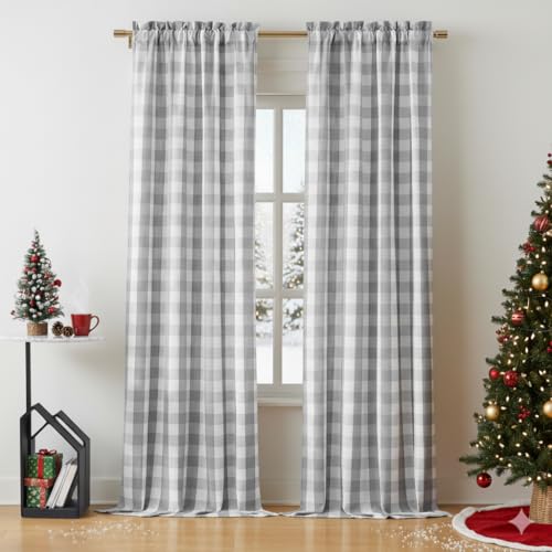 Bapawfish Fenstervorhang, Büffelkariert, halbtransparent, Bauernhaus, rustikale Stangentasche, Fensterbehandlung für Schlafzimmer, Wohnzimmer, 2 Paneele, 101,6 x 241,3 cm, Grau