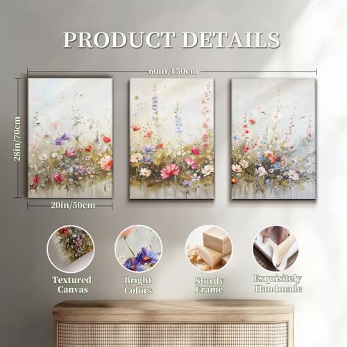 SERIMINO Large Wall Art for Living Room Canvas Prints, Nature Floral Botanical Wall Art Set 3 Piece Farmhouse Decor, Misty Flowers Modern Home Decor Paintings for Bedroom Bathroom 20"X28"