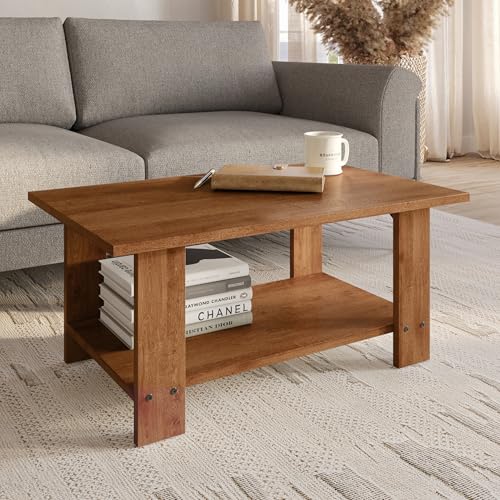 Image of FURLAY LatteEdge Engineered Wood Coffee Table with Bottom Shelf - 90 x 55 x 40 cm (001, Woodland)