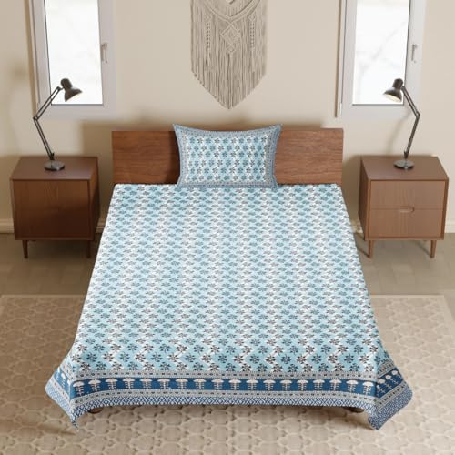 Image of Jaipur Weaves Single Bed Cotton Bedsheet with 1 Pillow Cover, 100% Pure Cotton Single Bedsheet 60x90 Inches, 180 TC Soft Breathable Floral Bed Sheet - (Floral Sapphire Blue, Single)