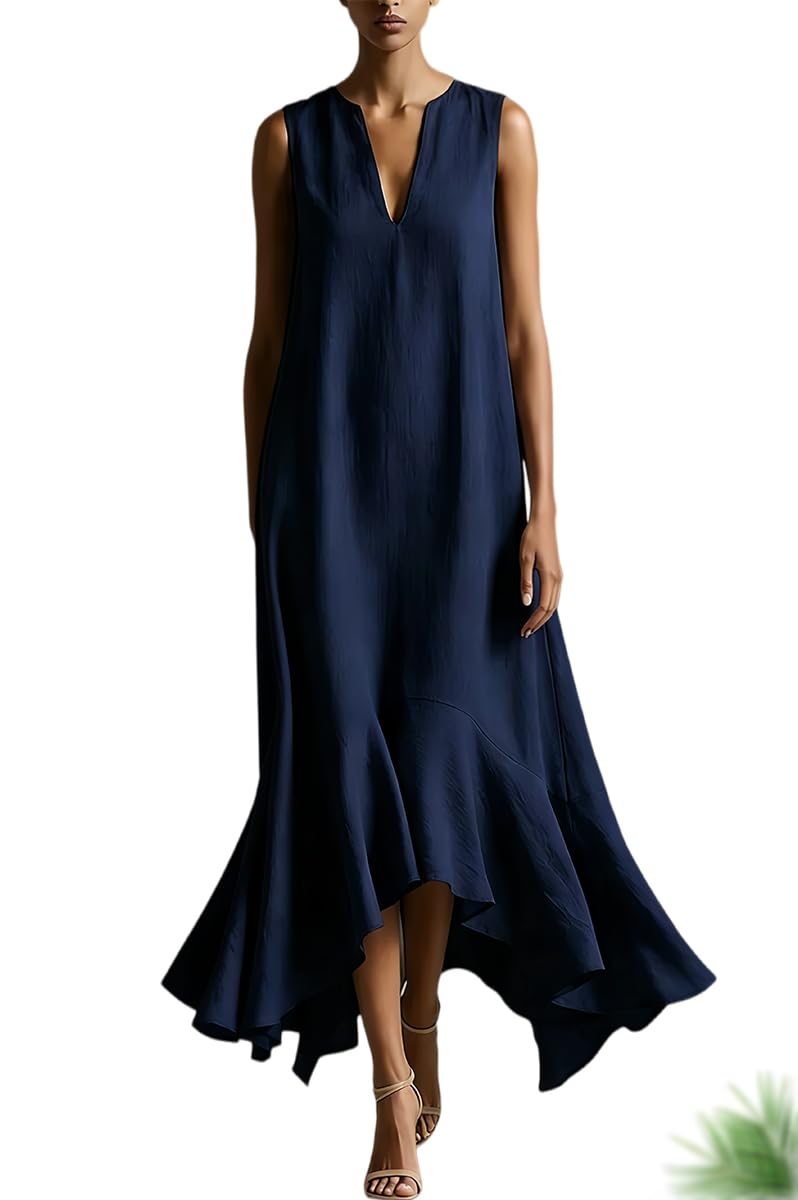 Vestido Largo asimétrico sin Mangas con Escote en V Profundo para Mujer – Vestido Largo sin Mangas con Escote en V y Patchwork de algodón sintético y Lino