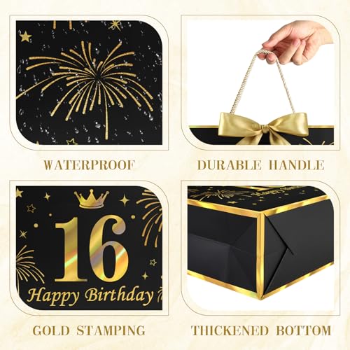 Image of JMANNI Black Gold 16th Birthday Gift Bag with Card and Tissue Paper, 12.6 inchx9.84 inchx3.9 inch Elegant Present Bag for Teens, 16 Year Old Birthday Keepsake Party Supplies