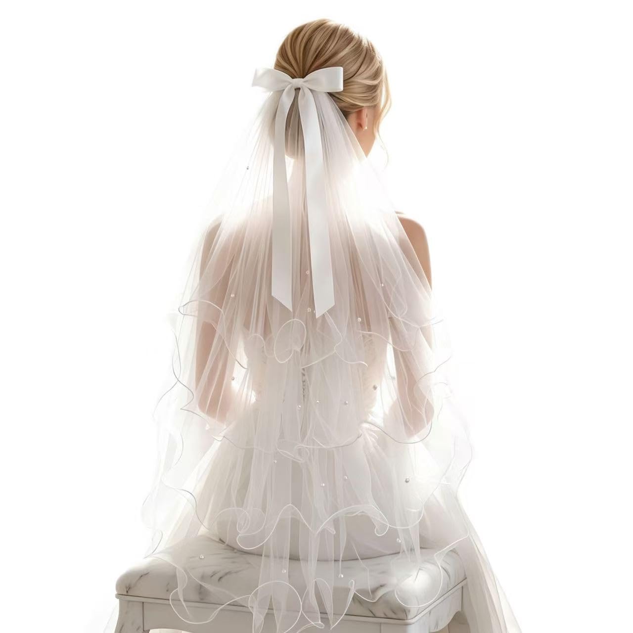 Maslasee Bridal Veil with Layered Bow & Pearls,4-Layer Hemmed Tulle Bridesmaid Gift, 80cm/31.5 Inch Bride to Be Veil for Hen Do, Bridal Shower & Bachelorette Party Accessories