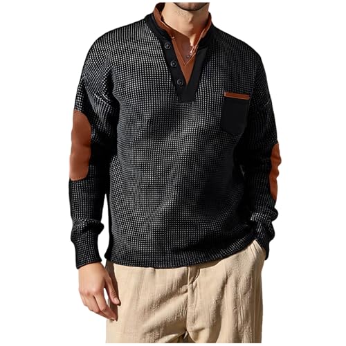 Men's Waffle Sweatshirt Casual Knited Long Sleeve Thermal Stand Collar Pullover Stylish Warm Cozy V Neck Shirts