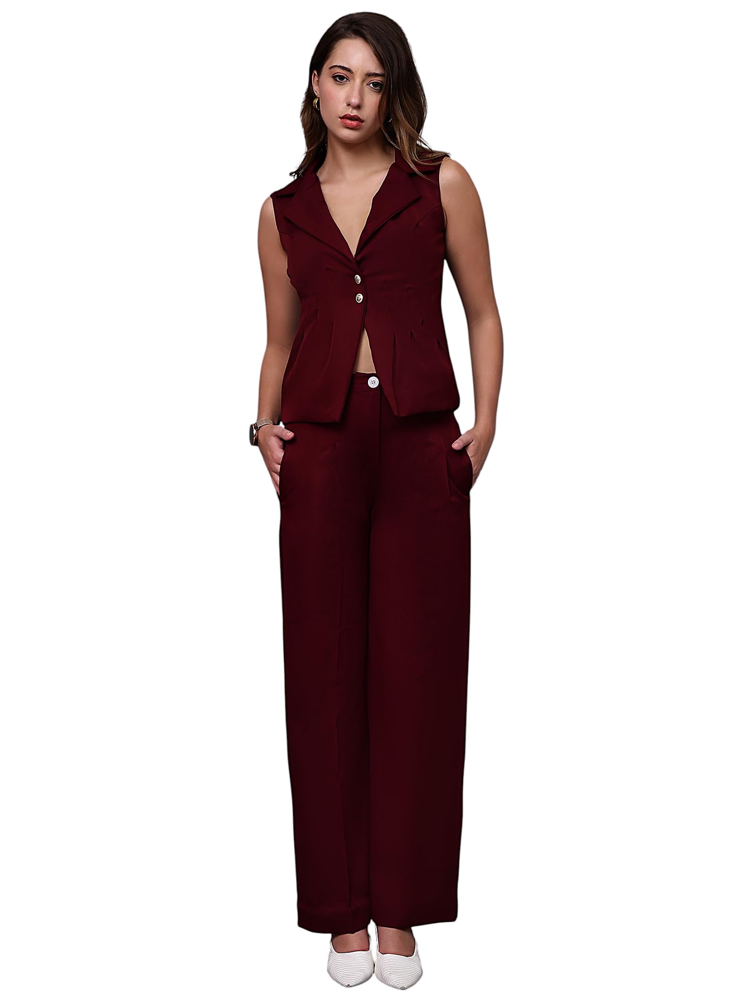 ananta ysela Luxe Navy Professional Women's Two-Piece Co-ord Set, Sleeveless Blazer with Wide-Leg Trousers, Classic Button Closure, Lightweight Business Attire-picture-10