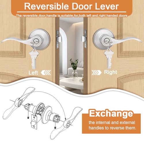Probrico 10 Pack Keyed Alike Entry Levers, Wave Style Satin Nickel Entry Locksets, Exterior Interior Door Levers with Lock and Same Keys(for Bedroom or Office) - Image 5
