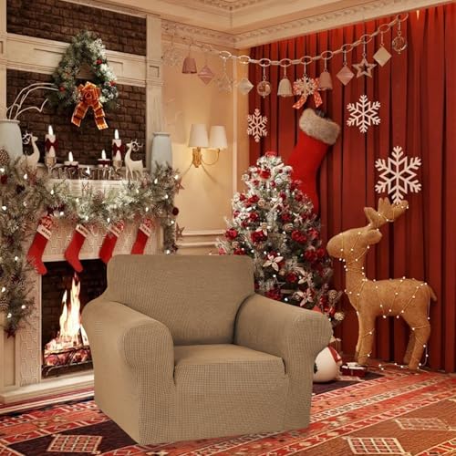 KEKUOU Stretch Single Sofa Slipcover 1 Piece Couch Sofa Cover (31"-55") Furniture Protector 1 Seater Sofa with Elastic Bottom for Kids,Pet.Jacquard Small Checked Pattern Fabric(Small,Camel)
