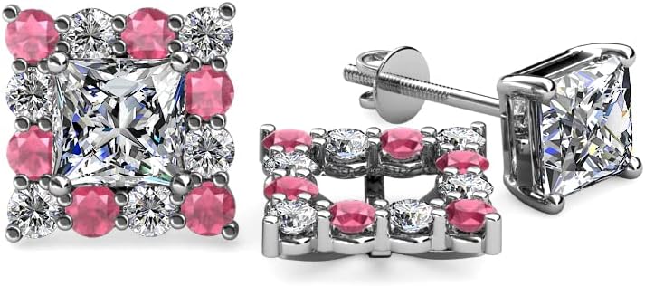 Rhodolite Garnet & Natural Diamond Halo Jacket for Princess Cut Stud Earrings 0.80 ctw 14K Gold