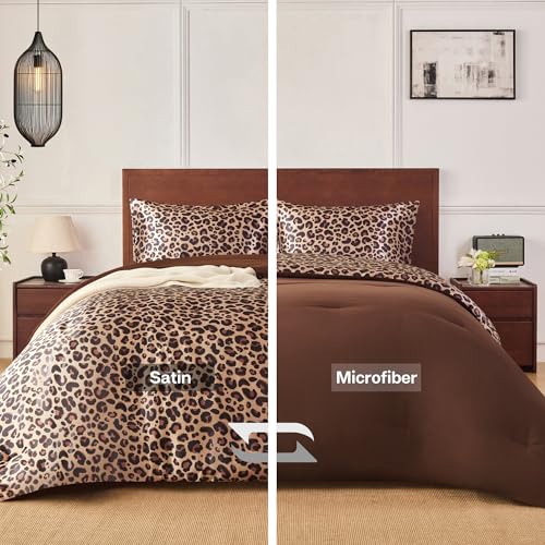 MR&HM Queen Comforter Set Brown Leopard Reversible Satin Microfiber Comforter Set for All Seasons 3 Pieces Non-Slip Silky Soft Bedding Sets with 1 Comforter (90x90) and 2 Pillowcases (20x26)