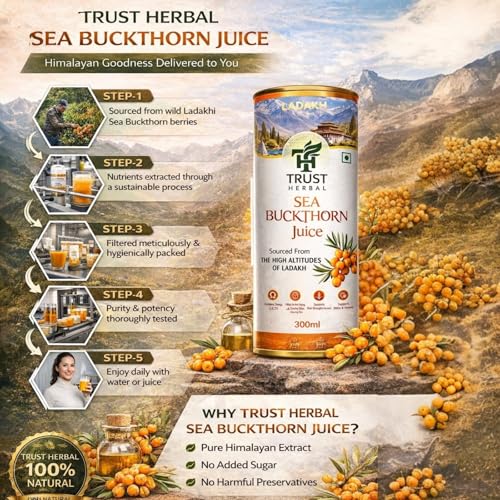 Image of TRUST HERBAL Himalayan Sea Buckthorn Juice - 300 ML | Pulp Concentrate Made for Your Total Body Care & Wellness | Natural Source of Vitamin C, Omega 3, 6, 7, 9 & Antioxidants | For Men & Women (PACK OF 1) (300 ML)