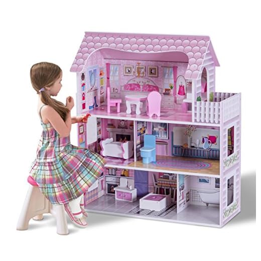COSTWAY Maison de Poupée en Bois à 3 Etages, Maison de Rêve avec 8 Accessoires, Cuisine, Chambre, Salle de Bain, Balcon pour Enfants de 3 Ans+
