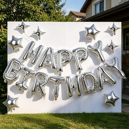Image of Silver Happy Birthday Balloons Banner 16 Inch Mylar Foil Letters, 10 Inch Five & Four Star, Inflatable Party Decor and Birthday Decorations for Women, Men, Boys & Girls Kids and Adults, Party Supplies