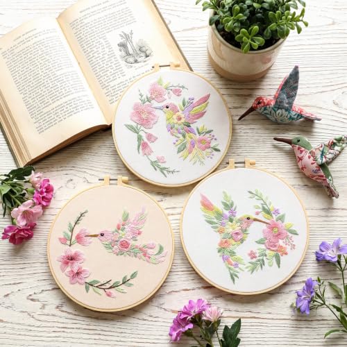 Image of Mindsoft 3 Set Needlepoint Kit for Beginners with Hoop,Flower Hummingbird
