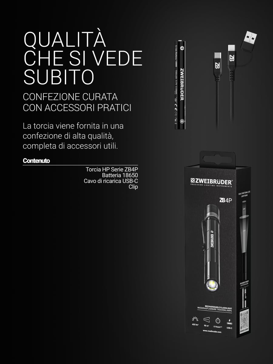 Zweibrüder ZB4P Torcia a Penna LED 400 Lumen – Mini Torcia Tascabile Compatta di Precisione, USB-C Ricaricabile, Messa a Fuoco Regolabile, Ideale per Ispezioni e Lavori Tecnici