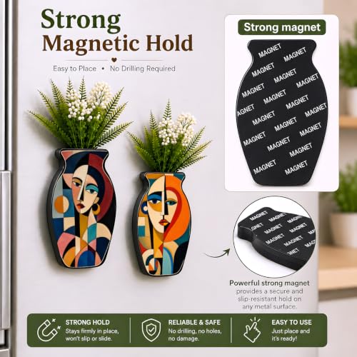 Image of Regalo Casila Abstract Woman Face Art Magnetic Artificial Flower Vase Fridge Magnets Set of 2 Colorful Geometric Modern Refrigerator Kitchen Home Office Decor Gift