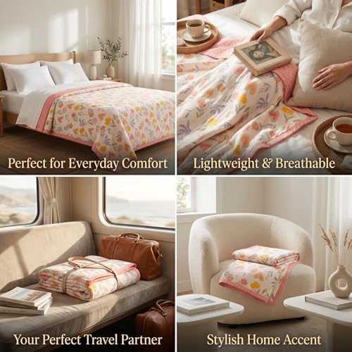 Image of VAS COLLECTIONS Cotton AC Blanket for Double Bed (220x230 cm) | Reversible Soft Lightweight All-Season Blanket | Skin-Friendly & Breathable Comforter (Blush Garden)