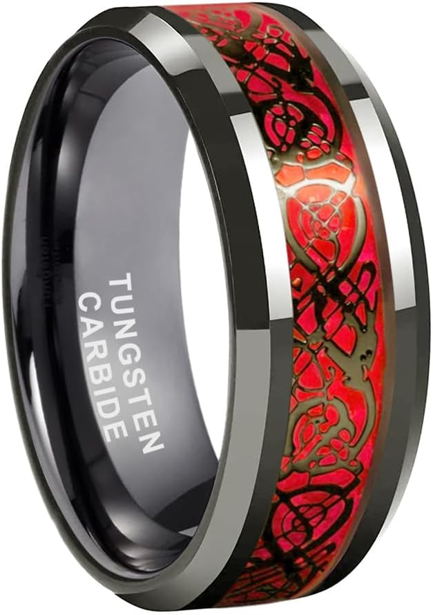 TUTISS 6mm 8mm Gunmetal Tungsten Rings for Men Women Wedding Bands Red Greeb Carbon Fiber Celtic Dragon Inlay Beveled Edges Polished Comfort Fit