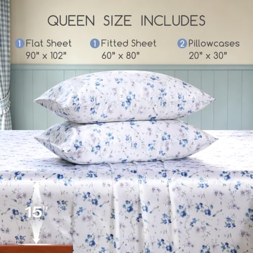 Image of MR&HM Satin Sheets Queen Size, 4 Piece Silky Floral Patterned Sheets with Elastic Corner Straps, 15 inch Deep Pocket, Soft Silk-Like Bed Sheets (Wildflower Blue)