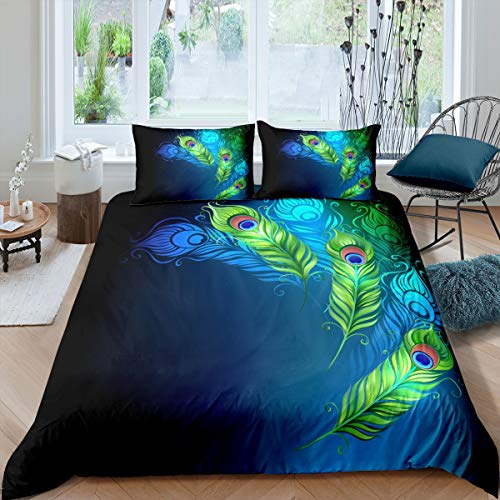 Feather Print Bedding Set Boho Style Comforter Cover for Kids Boys Girls Peacock Feather Duvet Cover Beautiful Feather Decoration Quilt Cover,Room Decor 3Pcs Bedding King
